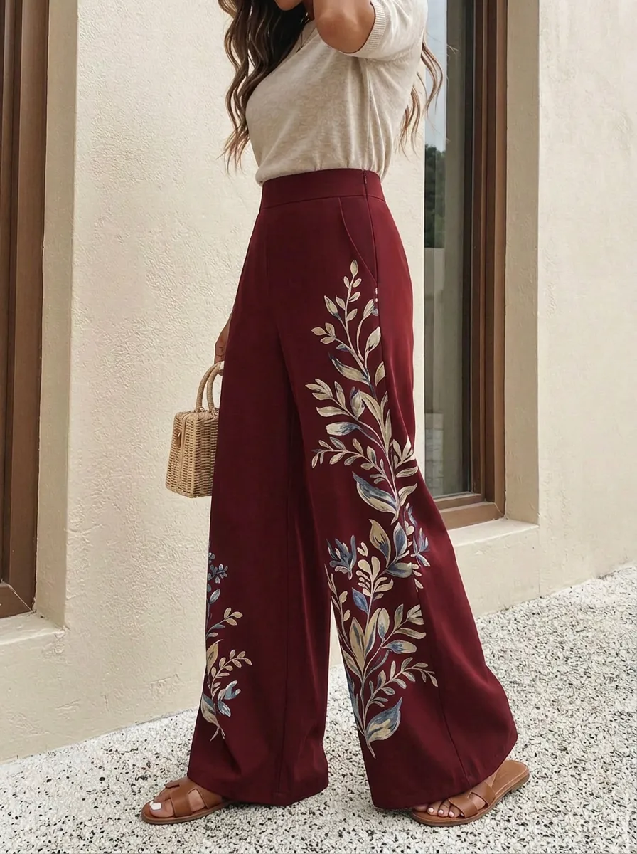 Women's Botanical Nature Floral Patterned High-Waist Wide-Leg Pants