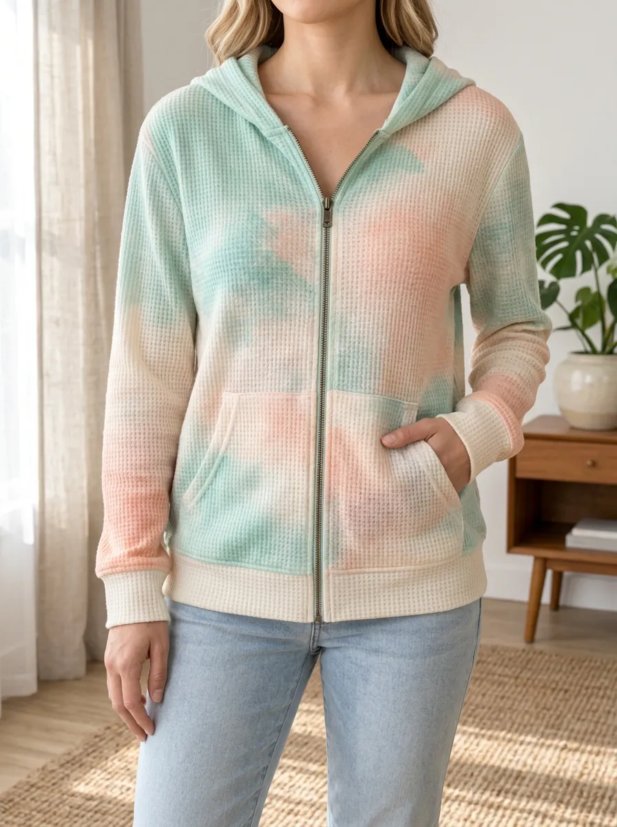 Women's Pastel Tie-Dye Signature Motif Waffle Zip-Up Hoodie