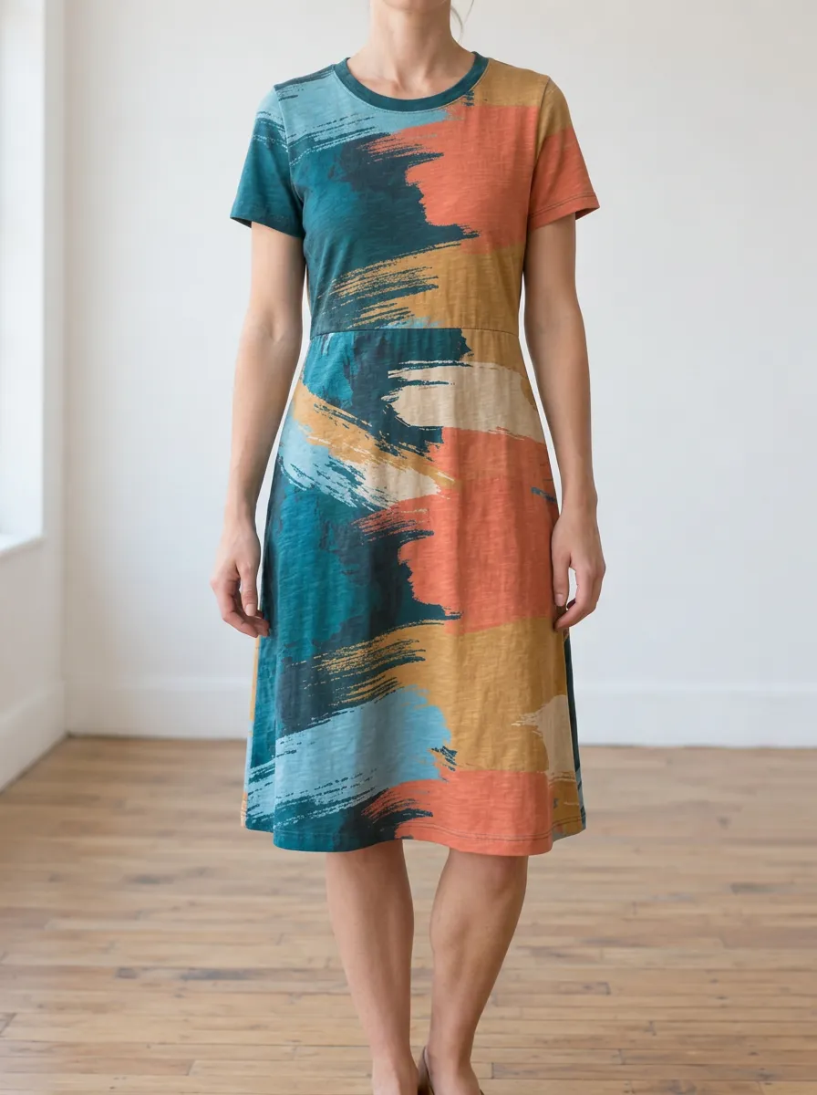 Women's Brushstroke Print Crew Neck Dress