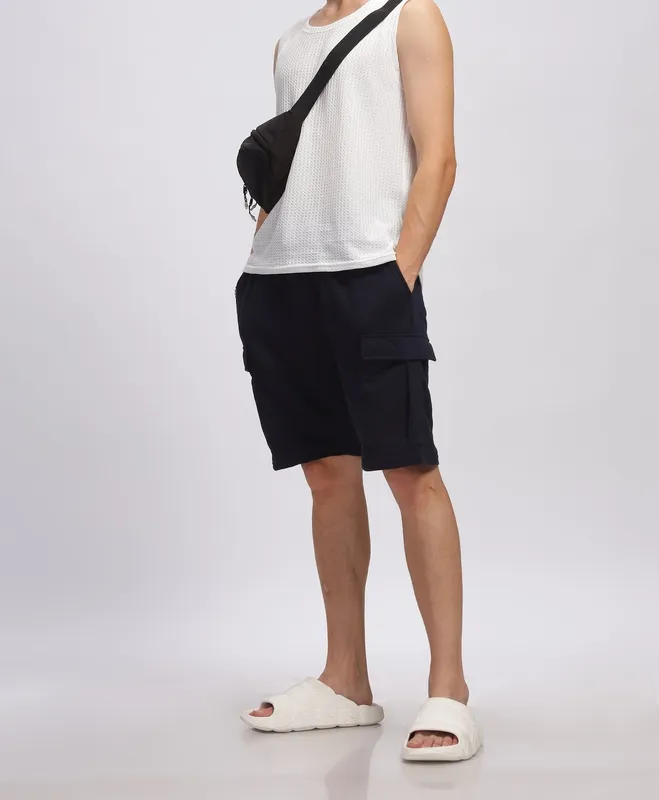 Navy Blue Loop Knit Cotton Shorts
