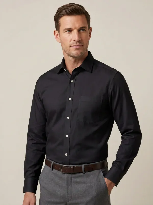 Men's Non-Iron Cotton White Solid Pocket Long Sleeve Shirt
