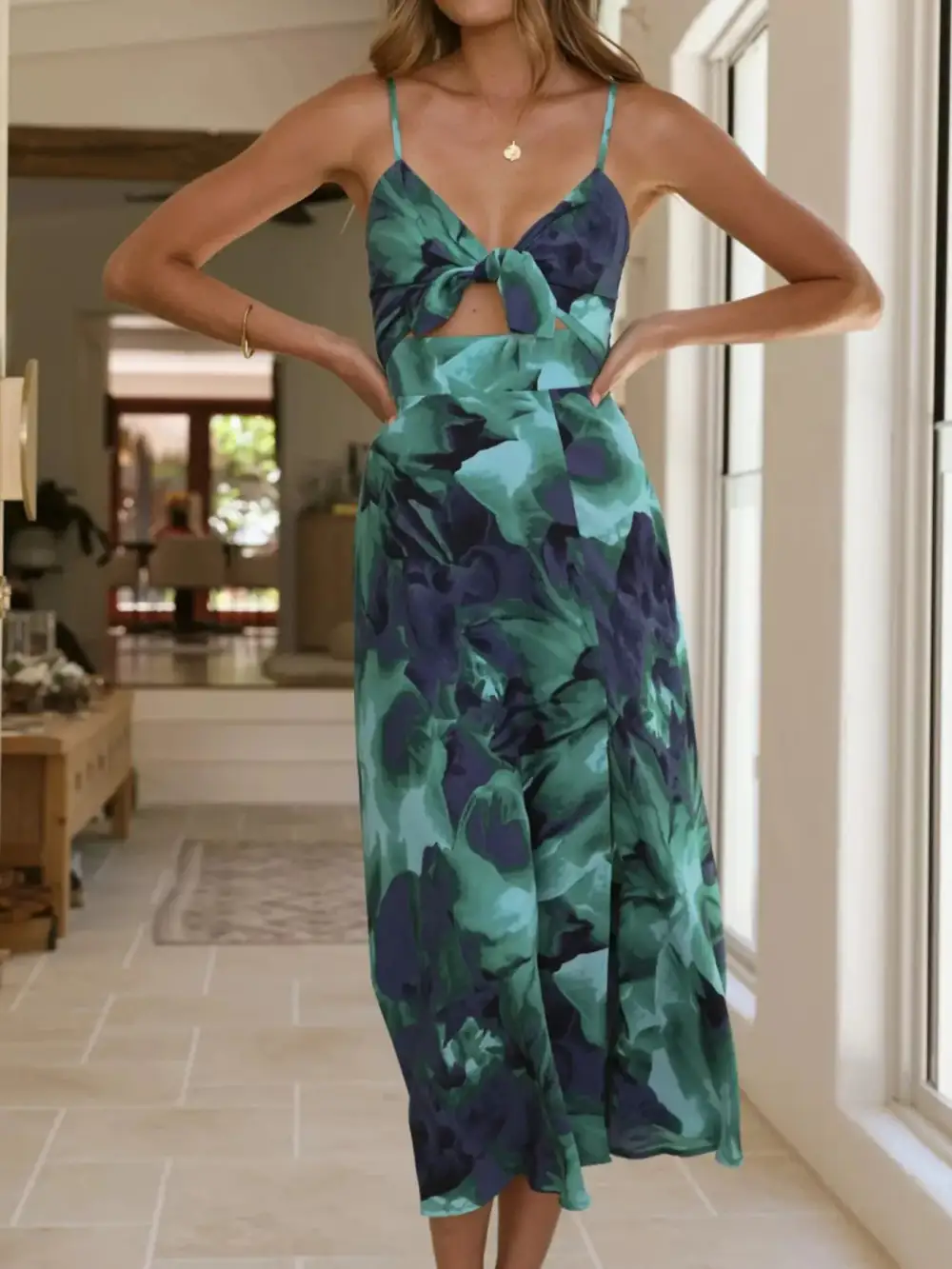 Structured Shape Floral Printed Slit Midi Dress