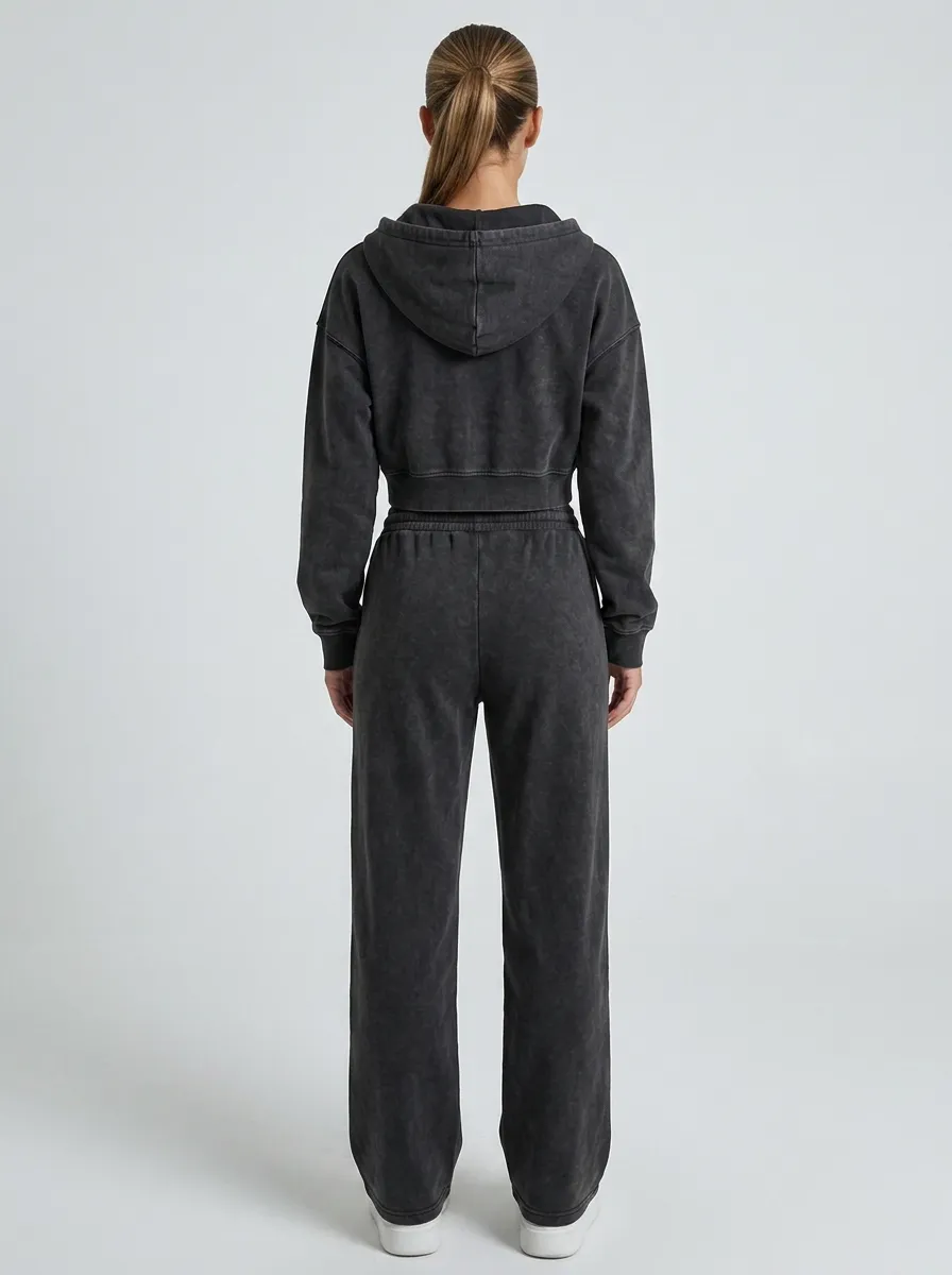 Cropped Zip-Up Vintage-Wash Women's Cropped Zip-Up Hoodie Jogger Active Set