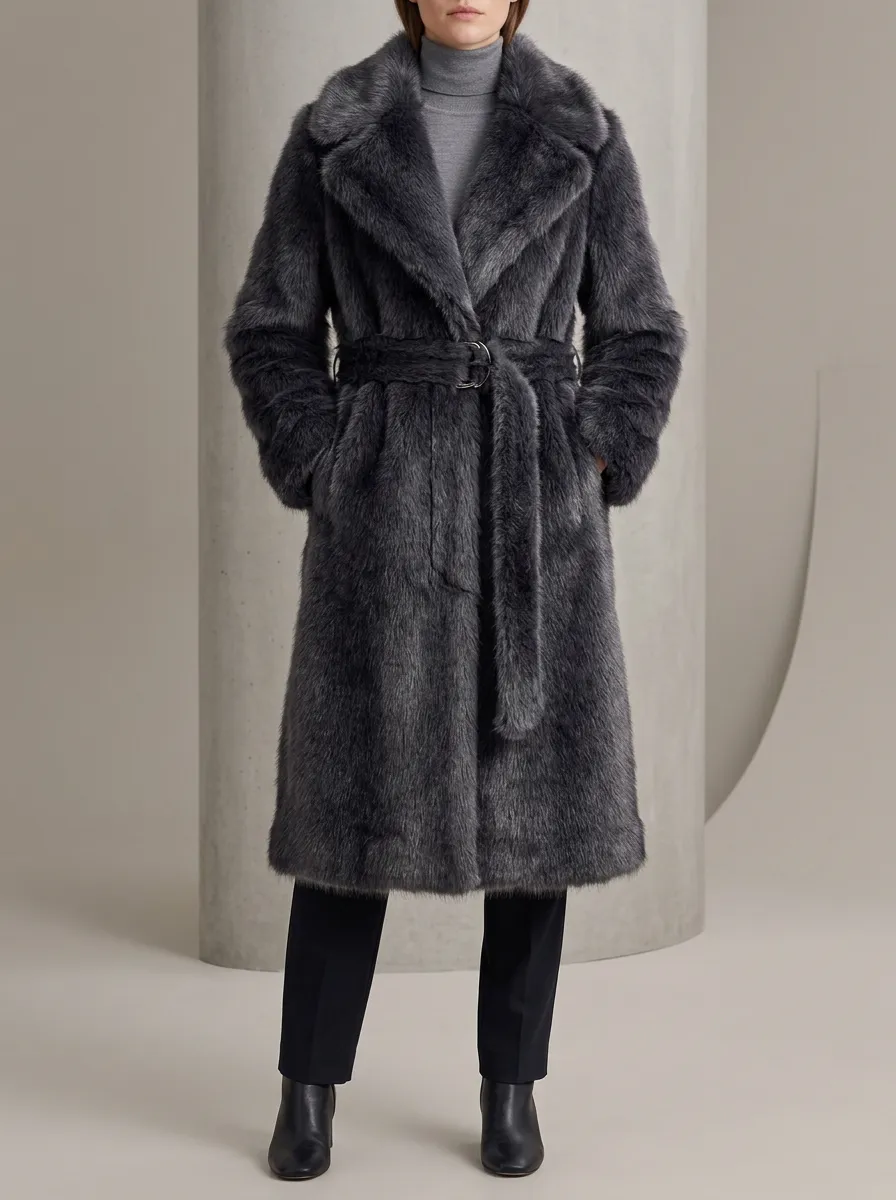 Notched Lapel Faux Fur Belted Long Coat