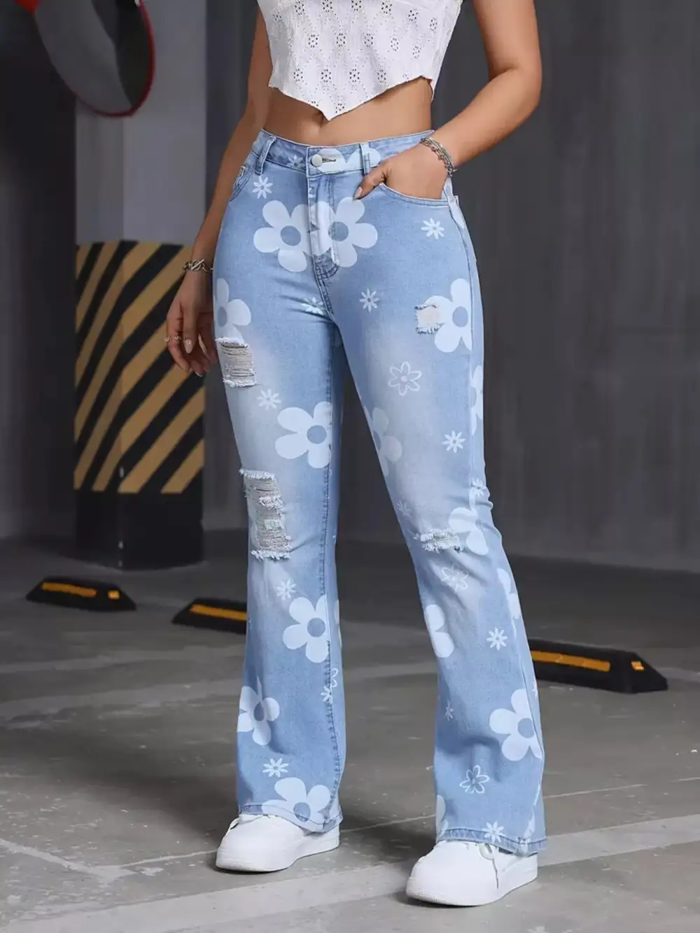 Ladies High-Waisted Floral Print Distressed Flare Jeans