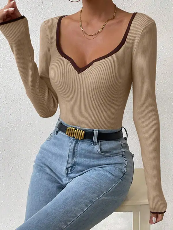 Long Sleeve Slim Fit Contrast Pleat Detail Panel Detail V-Neck T-Shirt