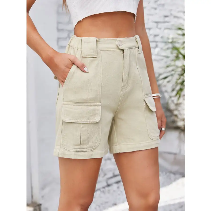 High Waist Pocketed Washed Denim Shorts