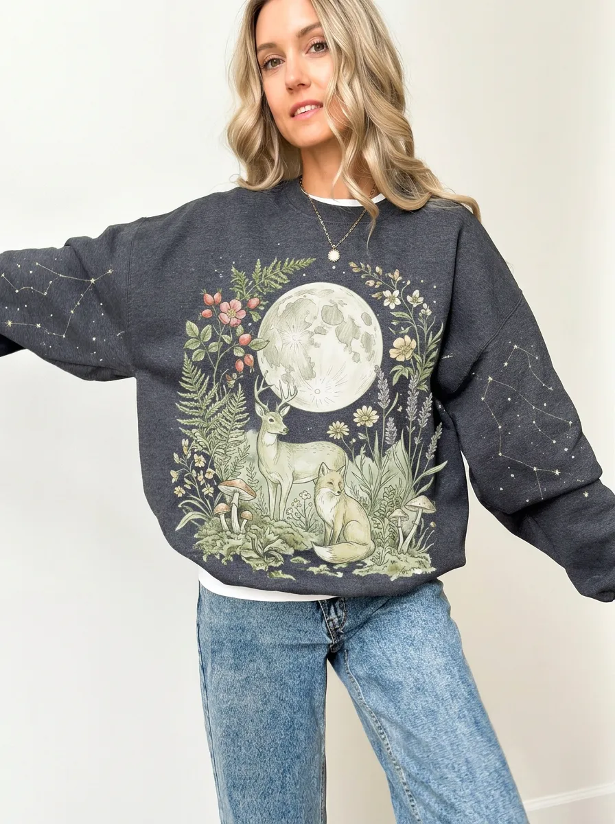 Women's Nature Forest Moon Deer Fox Constellation Graphic Sweatshirt