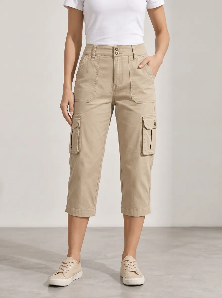 Women's Multi Pocket Workwear Inspired Mid Rise Capri Cargo Pants