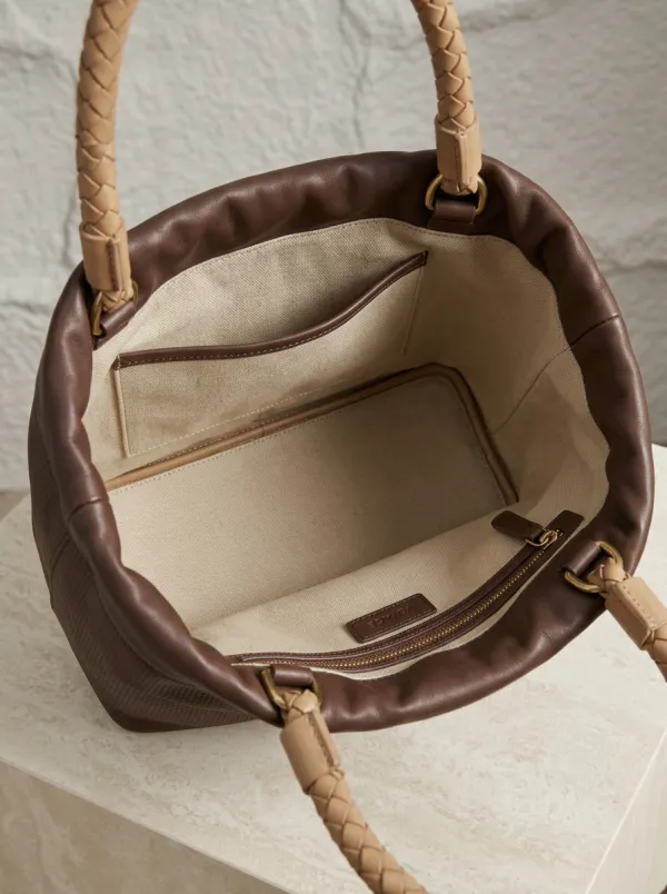 Women's Woven Braided-Handle Drawstring Dual-Handle Bucket Bag