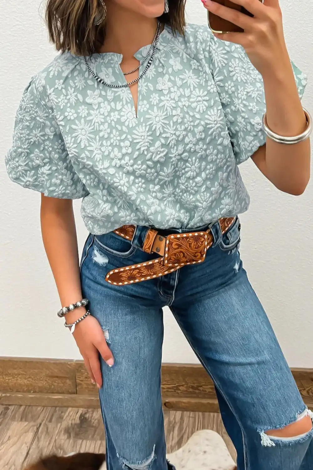 Quilted Floral Textured Puff Sleeve Blouse