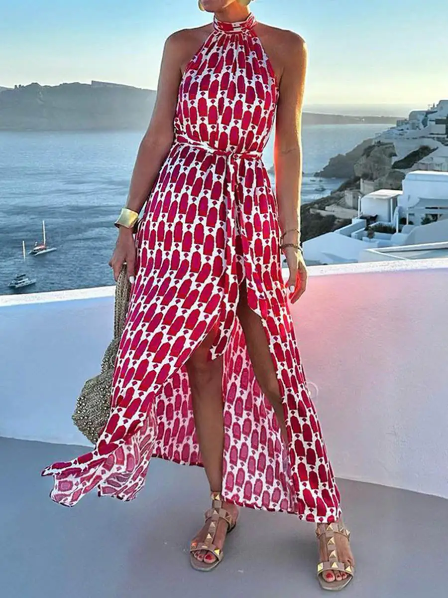 Waisted Printed Sleeveless Neck Maxi Dress