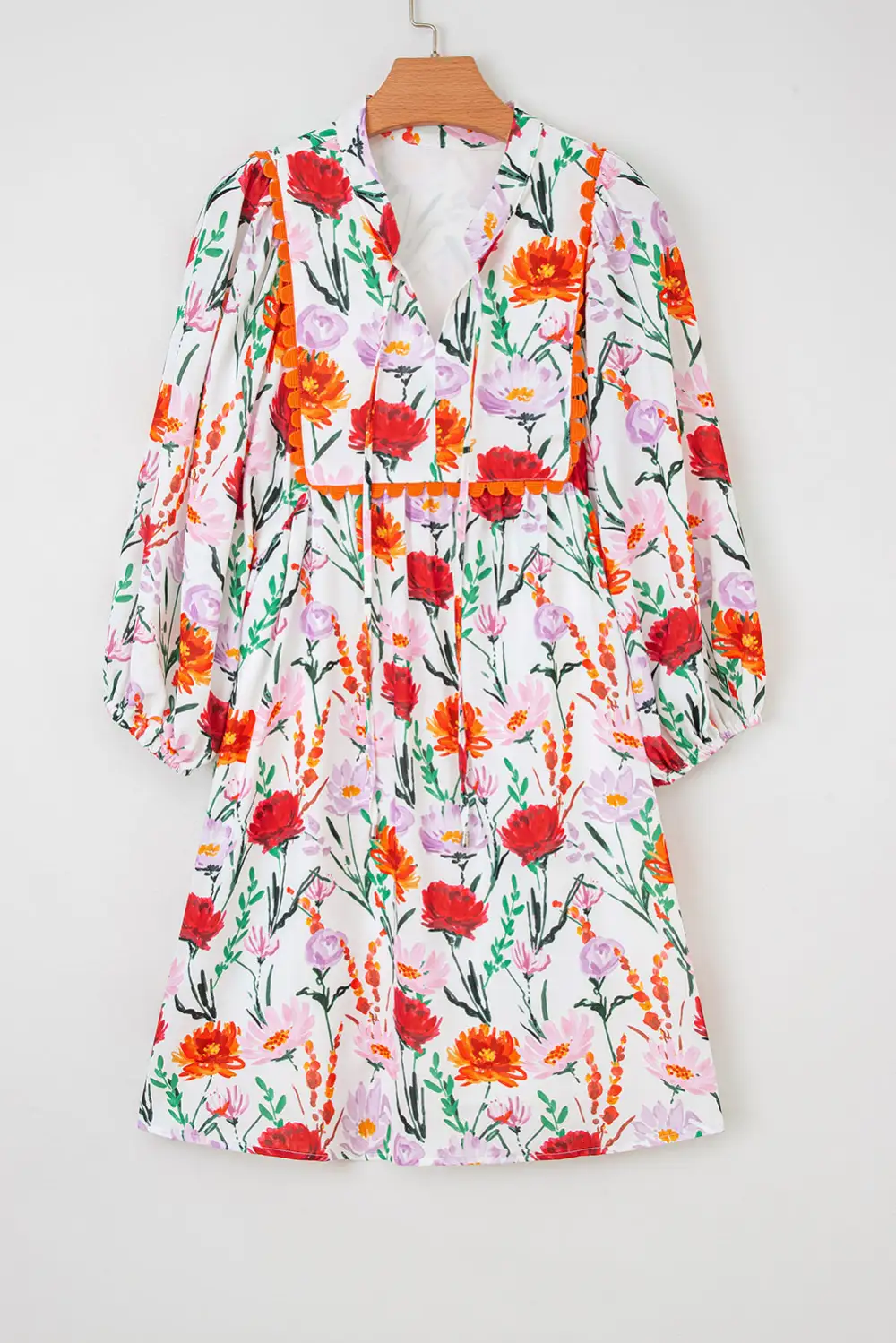 Layered Detail Floral Printed Puff Sleeve Mini Dress