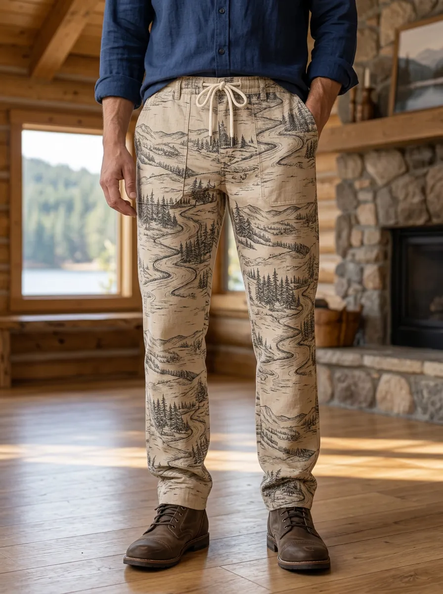 Men's Landscape Print Drawstring Trousers