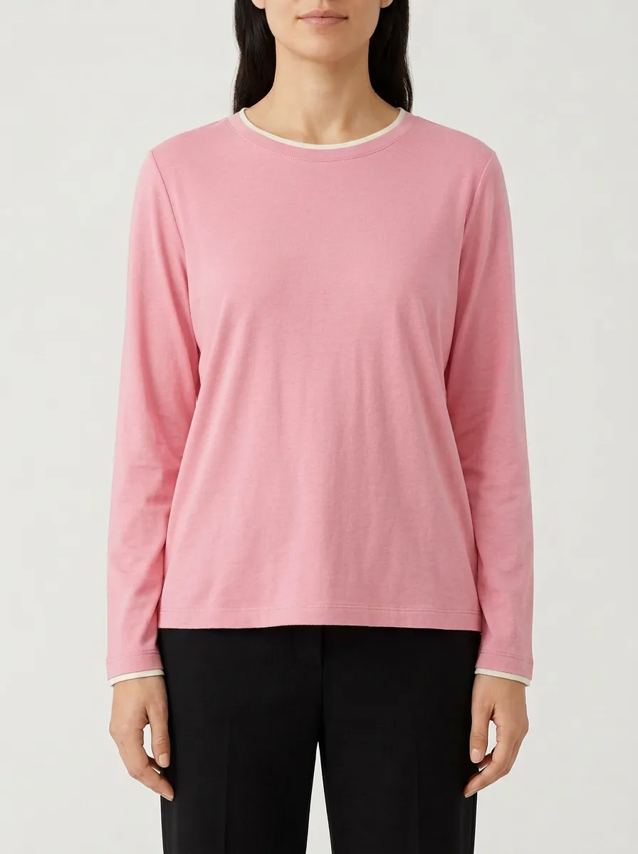 Women's Contrast-Trim Contrast Trim Long-Sleeve Crew-Neck T-Shirt