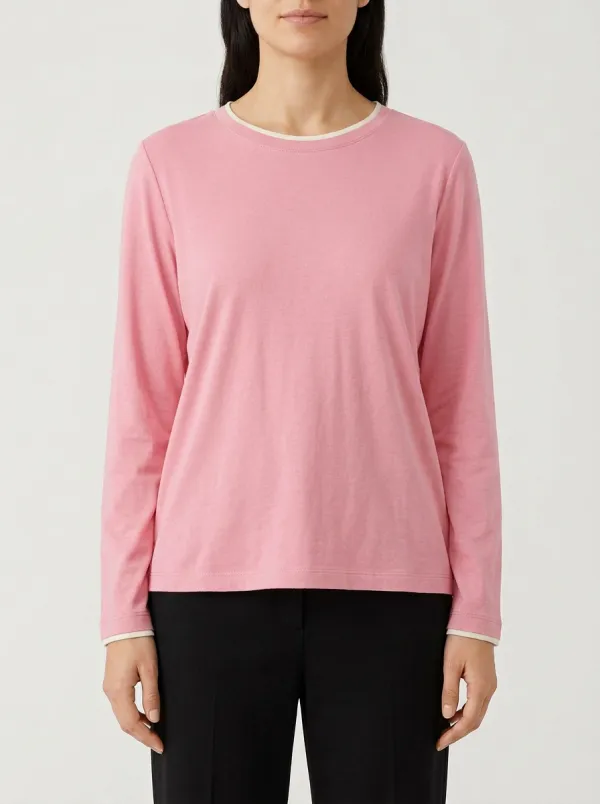 Women's Contrast-Trim Contrast Trim Long-Sleeve Crew-Neck T-Shirt