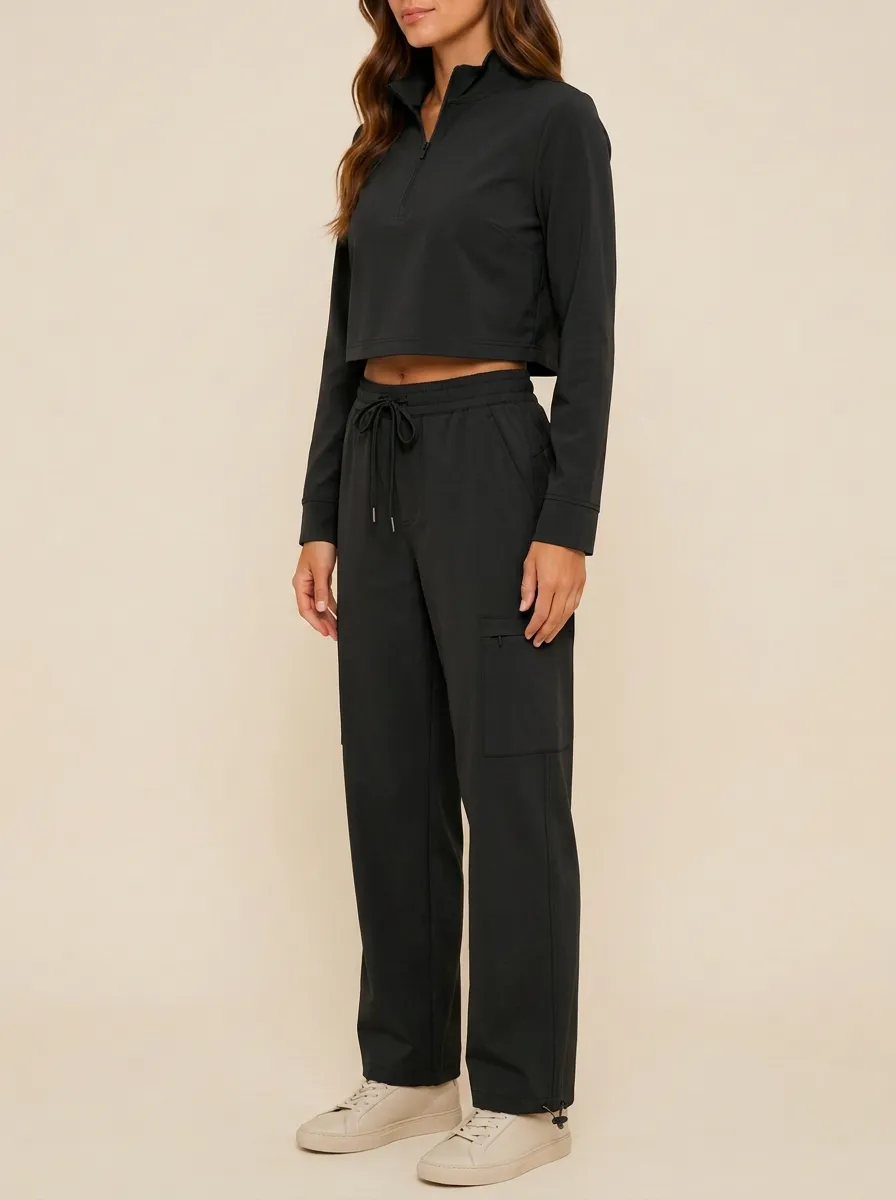 Women's Quarter-Zip Stand-Collar Crop Top and Adjustable-Hem Cargo Pant Set