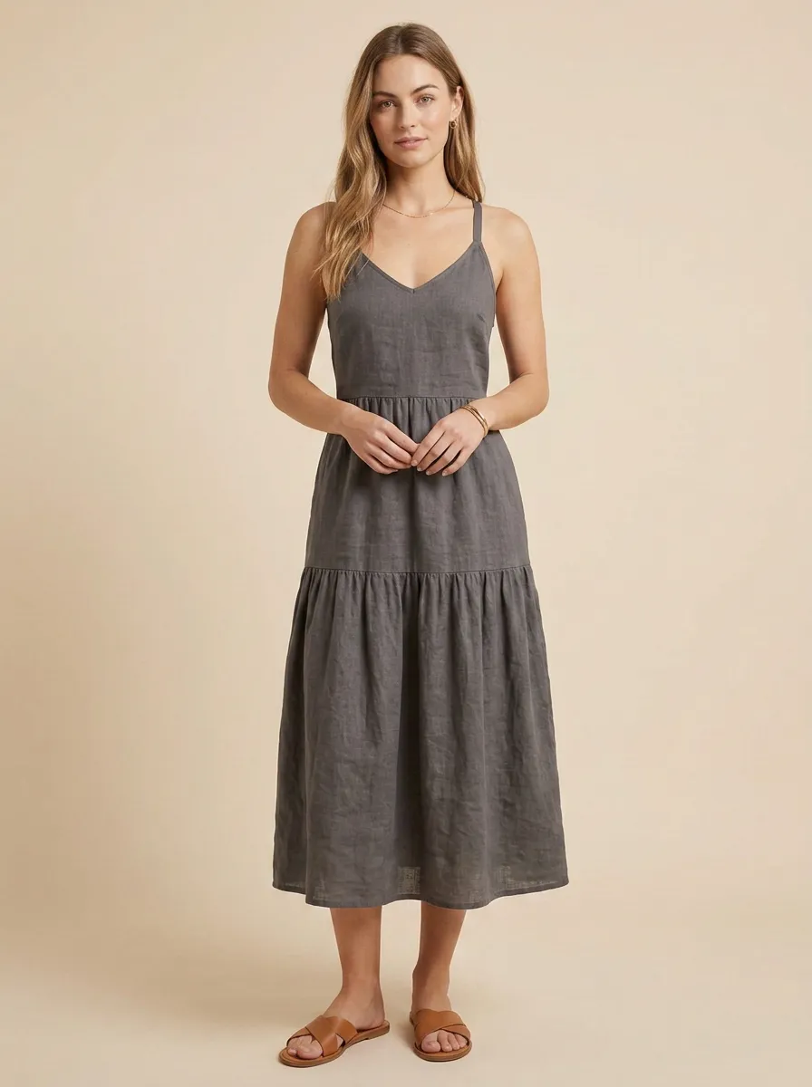 Women's Casual Tiered Linen Midi Backless Dress
