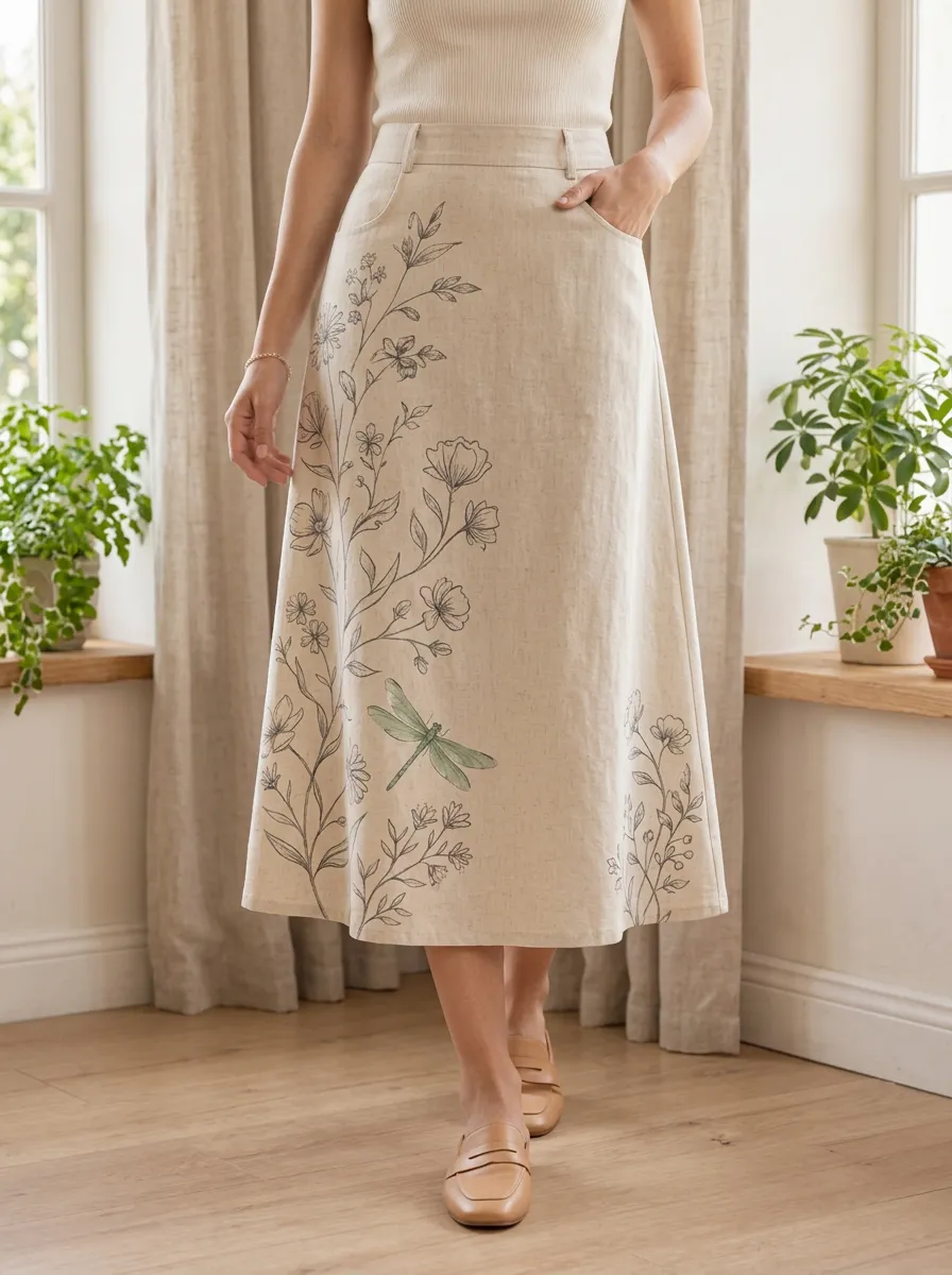Women's Garden Floral Print A-Line Midi Skirt
