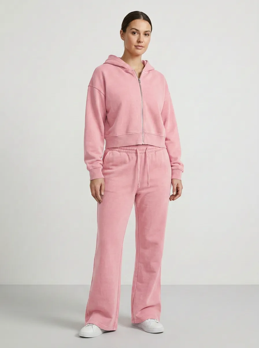 Women's Modern Washed Sport Inspired Cropped Hooded Jacket and Flare Pants Active Set