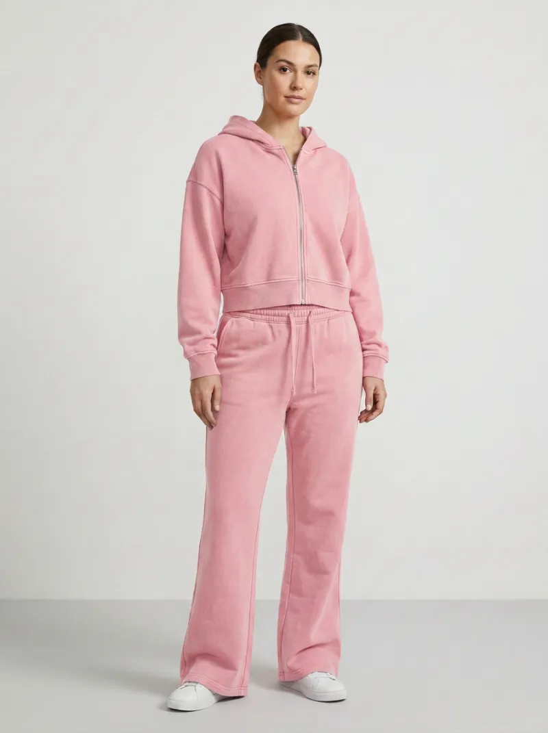 Women's Modern Washed Sport Inspired Cropped Hooded Jacket and Flare Pants Active Set