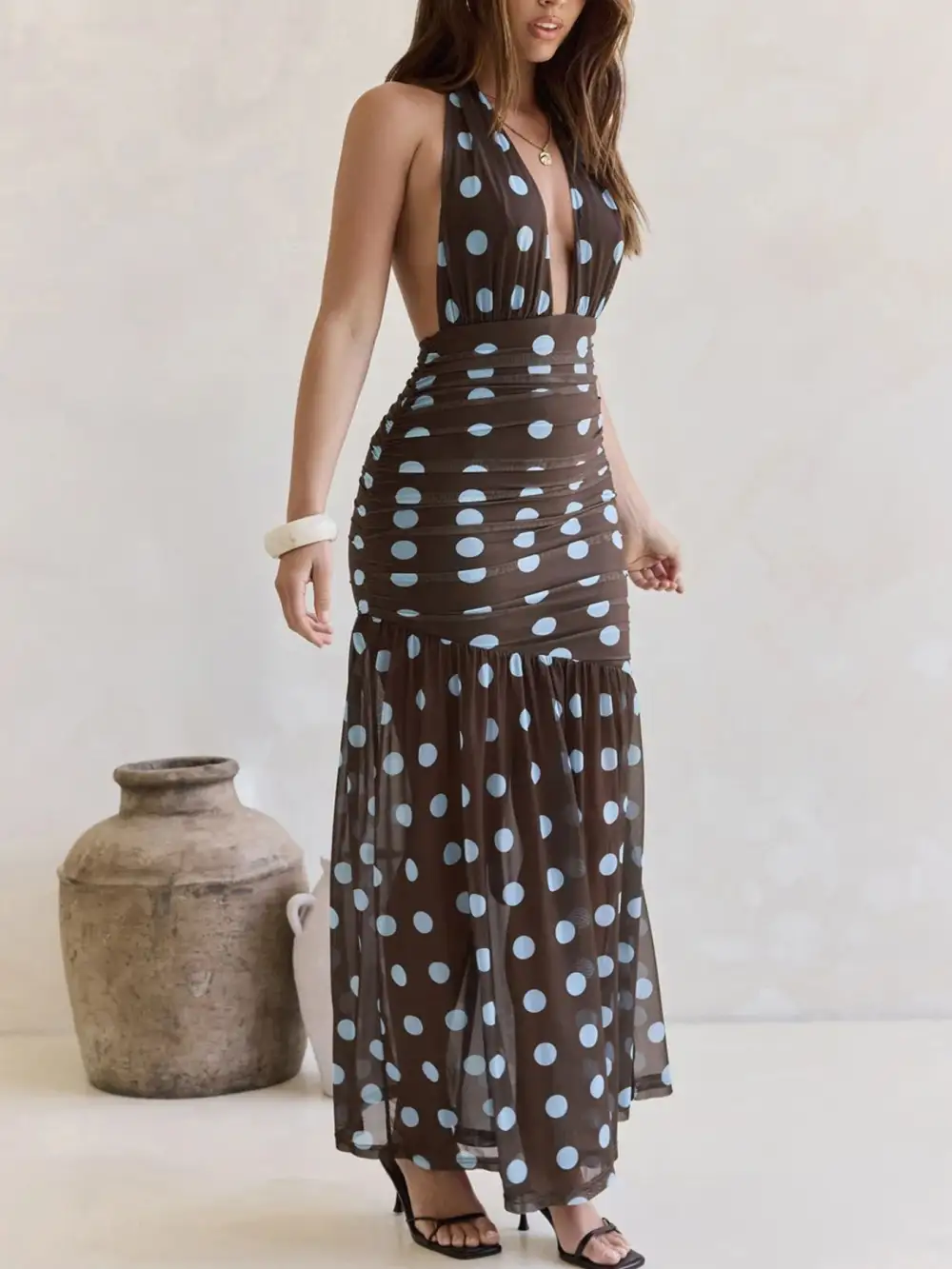 Polka Dot Ruched Maxi Dress