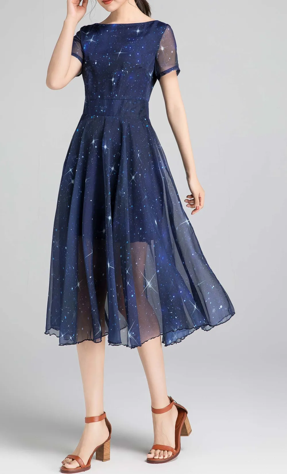 Printed Chiffon Fit And Flare Short Sleeve Midi Dress