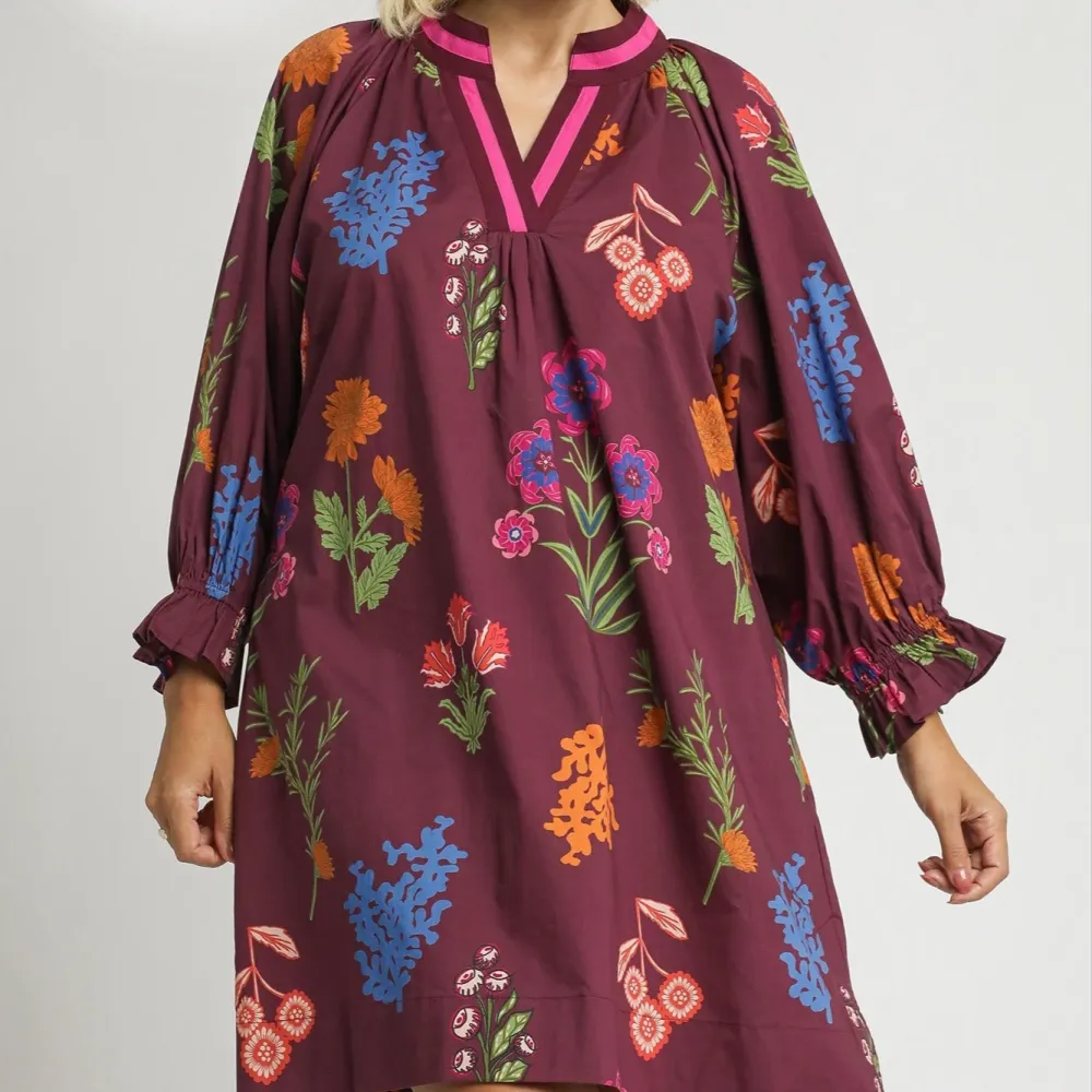 Floral Striped Ruffle Detail Balloon Sleeve Dress