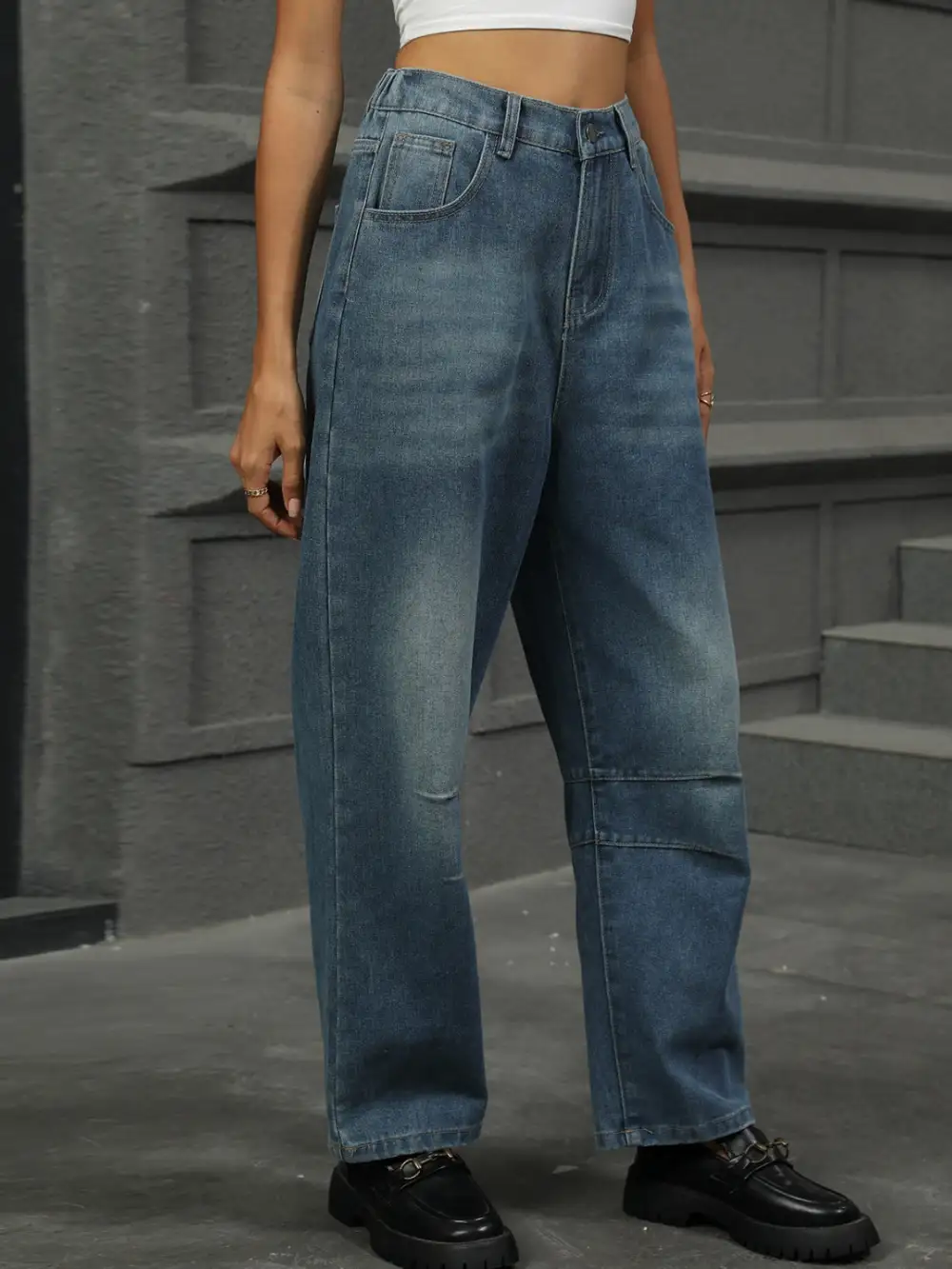 Straight Leg Elastic Waist Denim Jeans