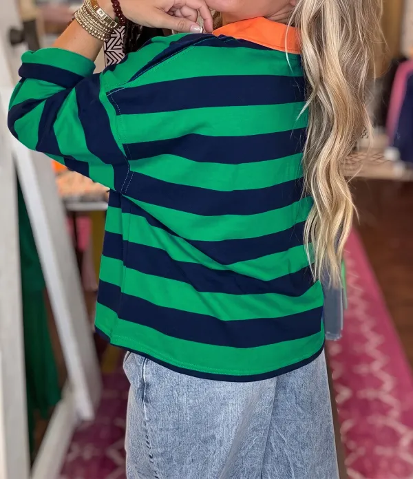 Striped Quarter Zip Cotton Blend Long Sleeve Top