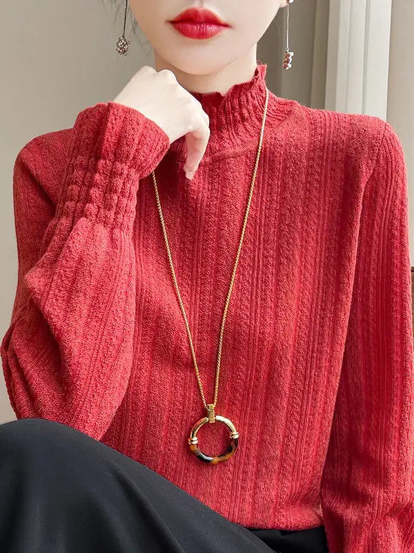 Long Sleeve Relaxed Elasticity Ruffle Trim Mock Neck T-Shirt