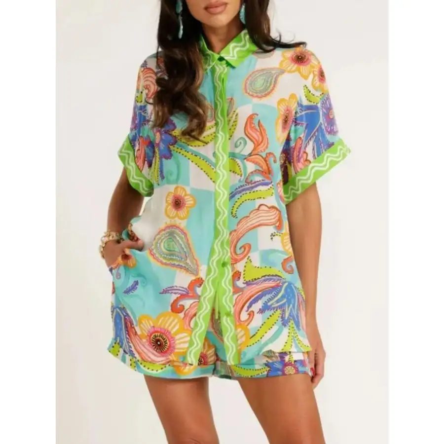 Lightweight Printed Button Up Shirt and Shorts Set