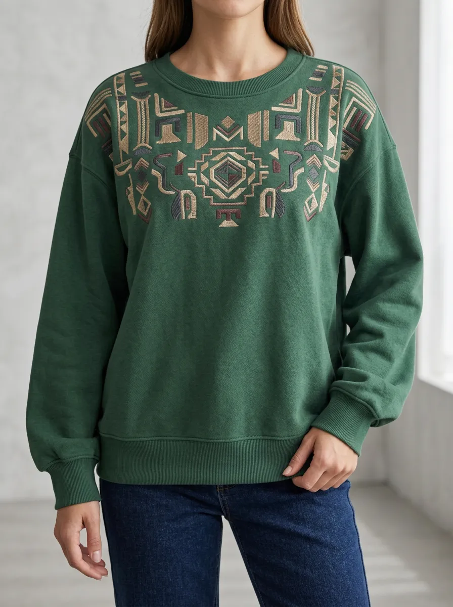 Women's Boho Geometric Printed Crewneck Sweatshirt