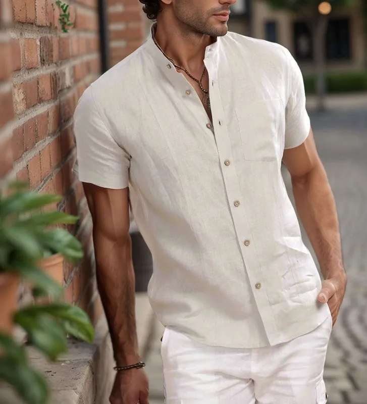 Light Grey Linen Mandarin Collar Shirt