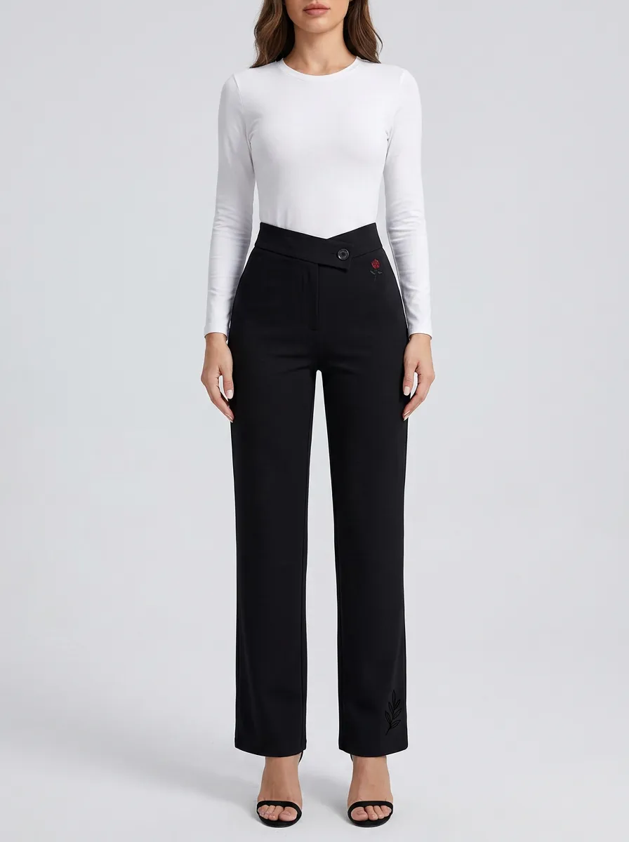 Women's Classic Comfort Crossover Waist Embroidered Mid Rise Straight Leg Pants