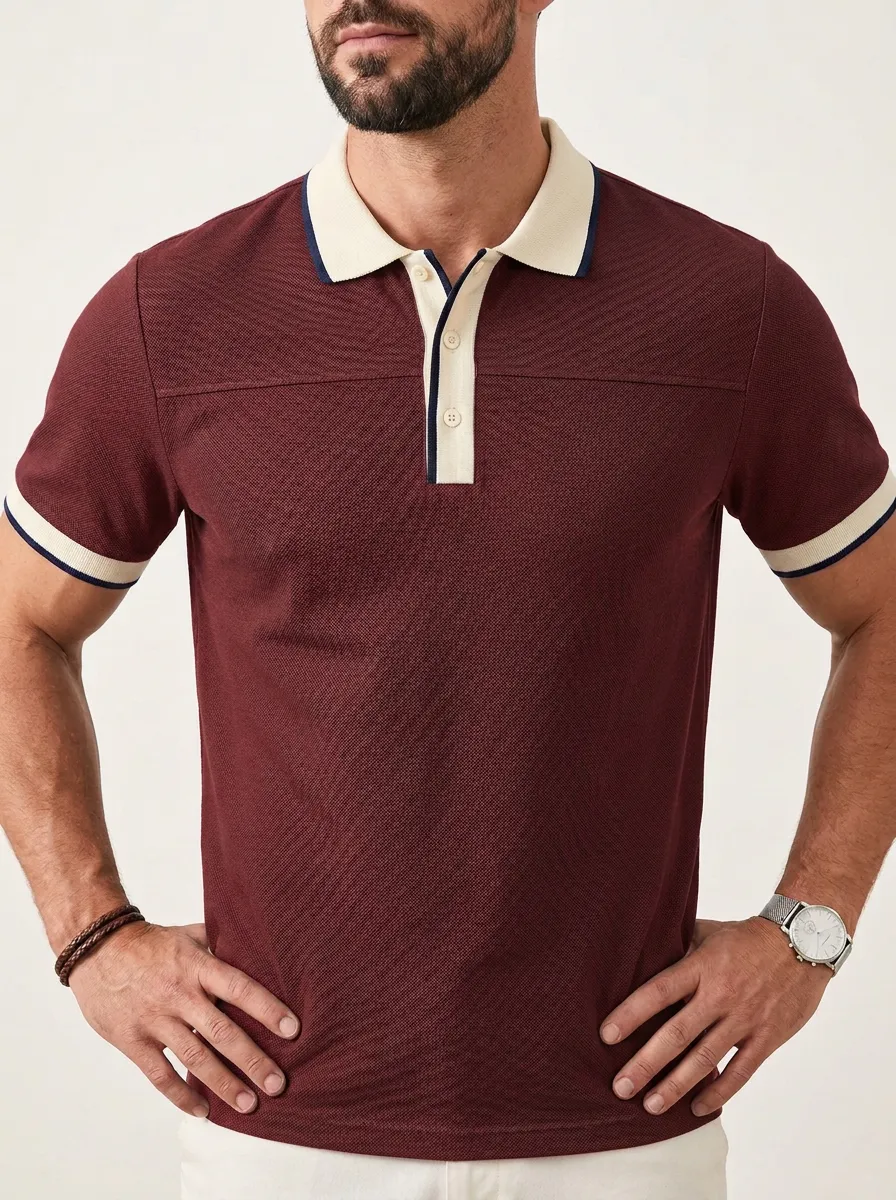 Men's Casual Contrast Collar Trim Textured Polo Shirt