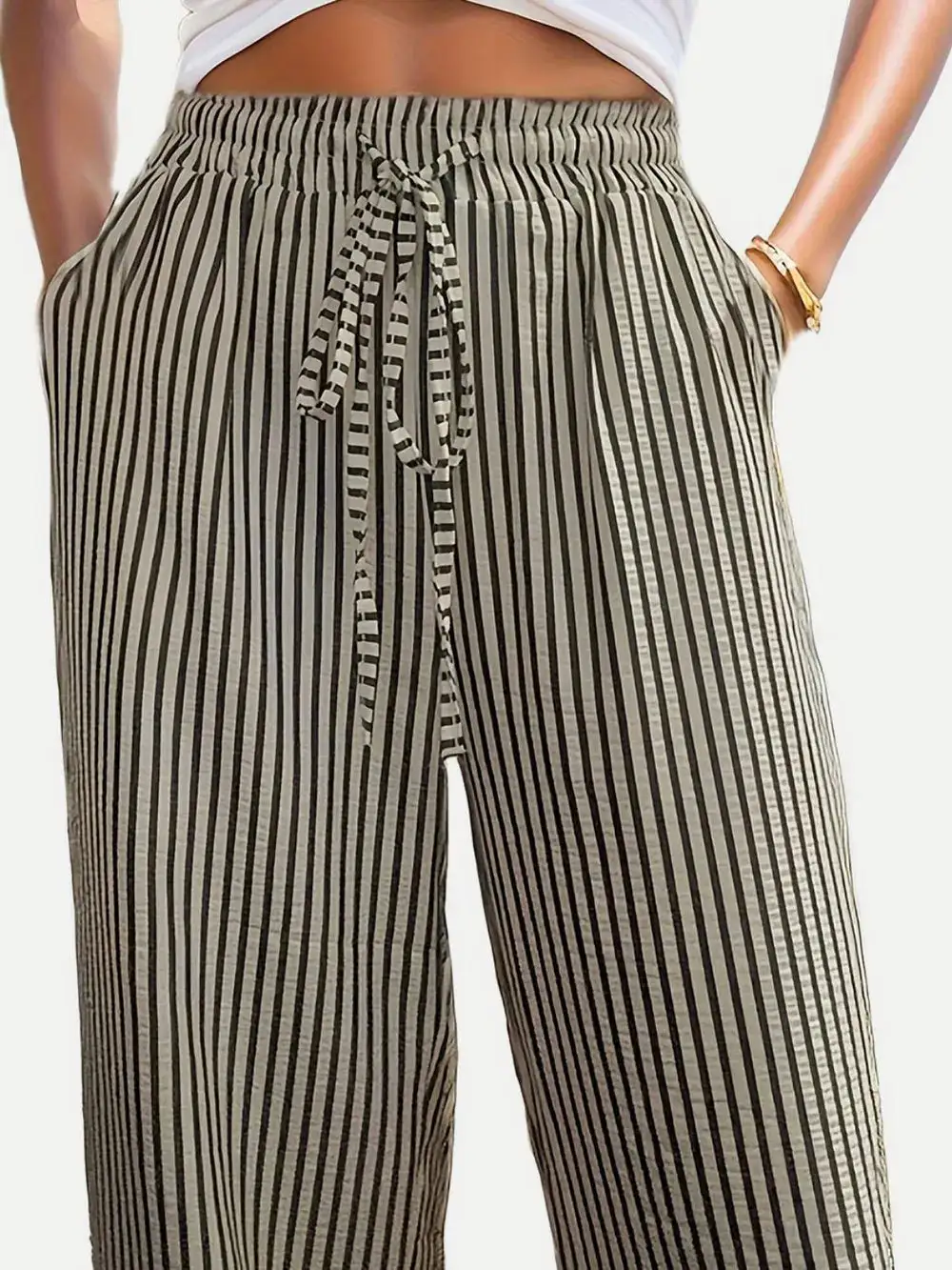 Drawstring Elastic Waist Striped Pocketed Pants