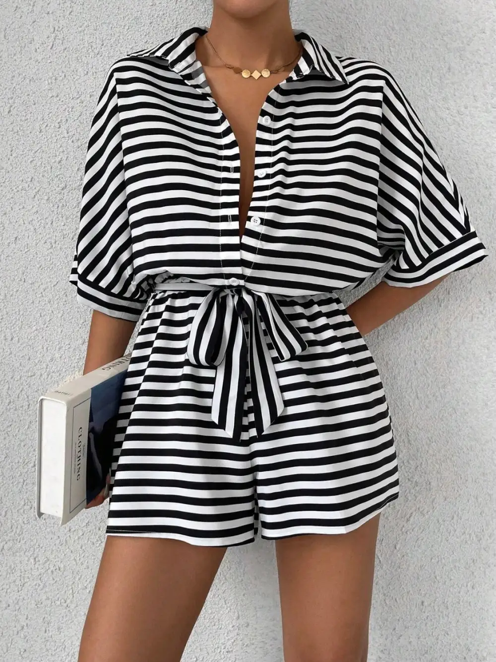Tie Waist Half Button Romper