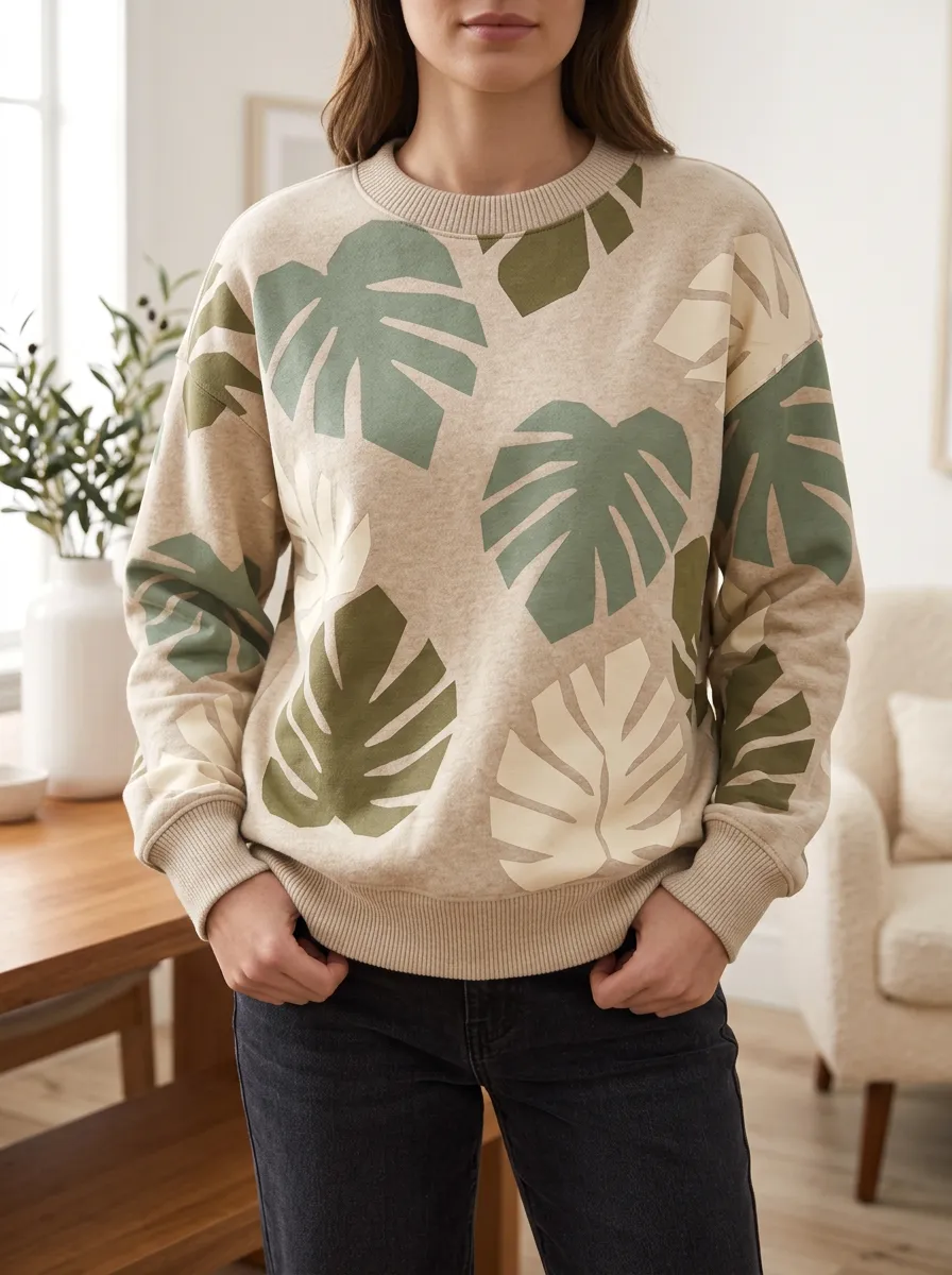 Women's Tropical Plant Lover Monstera Leaf Printed Fleece Sweatshirt