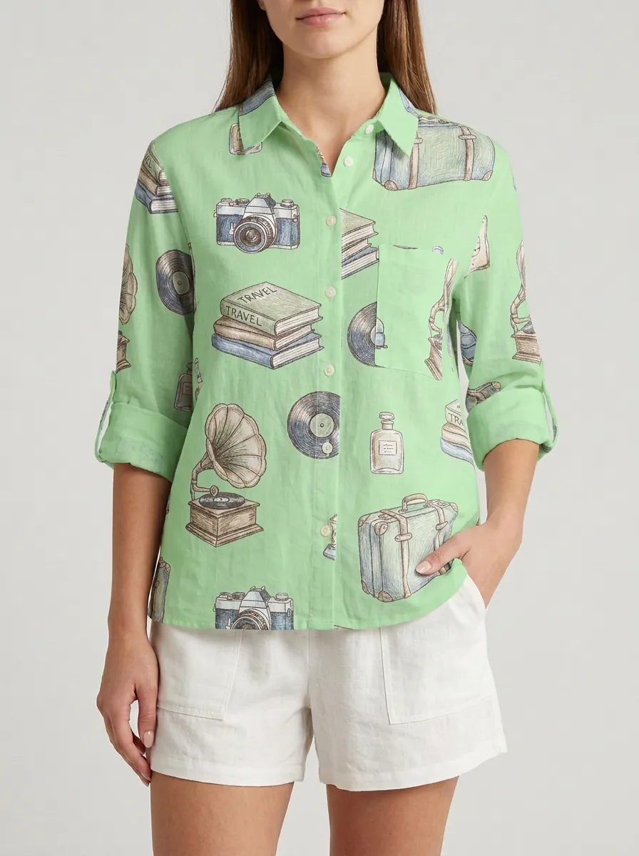 Women's Travel Inspired Camera Book Record Printed Shirt