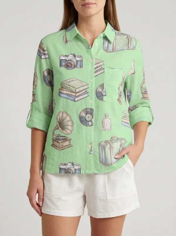 Women's Travel Inspired Camera Book Record Printed Shirt