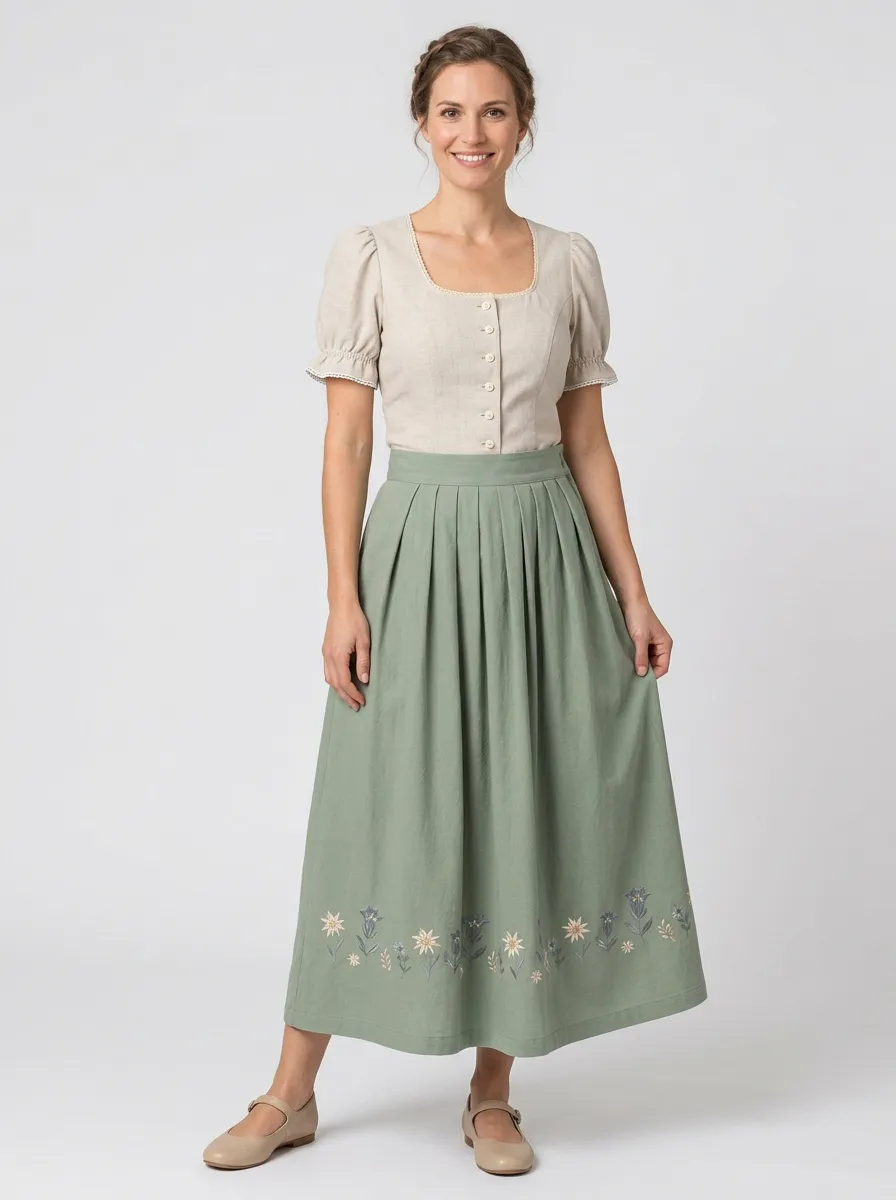 Women's Bavarian-Inspired Pleated Floral-Hem Midi Skirt Set