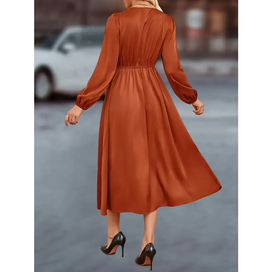 V-Neck Balloon Sleeve Midi Dress