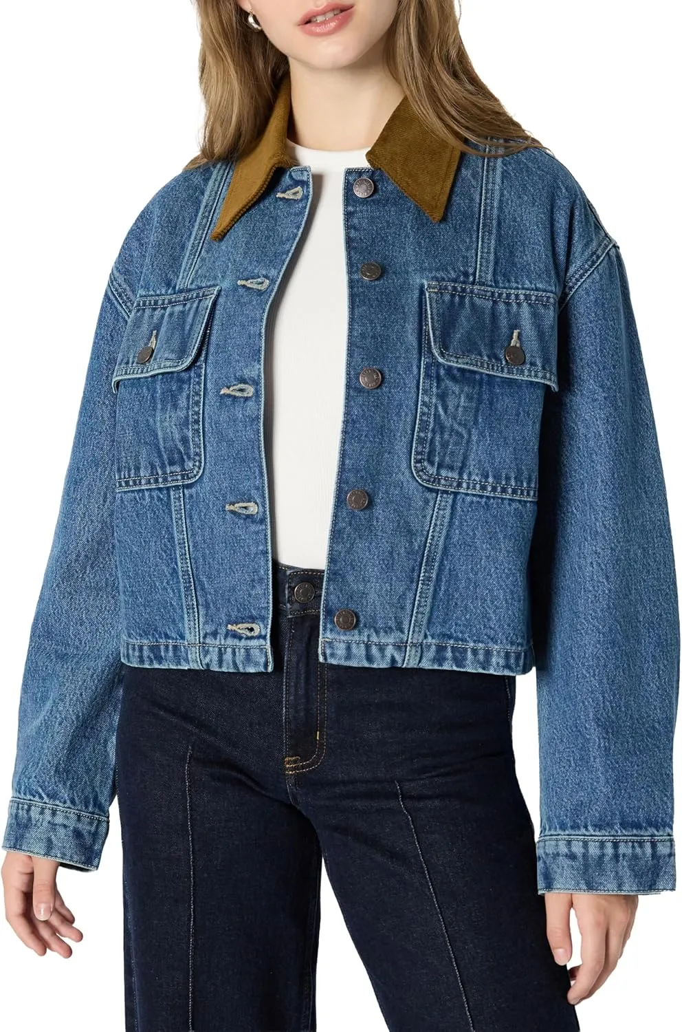 Amazon Essentials Women's Oversized-Fit Cropped Heavyweight Denim Jacket with Contrast Corduroy Collar