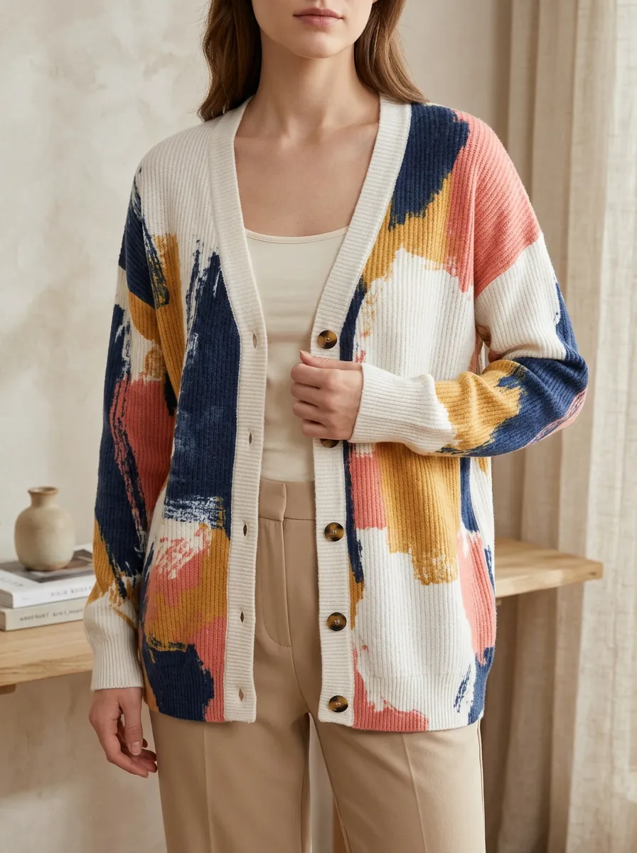 Women's Abstract Art Brushstroke Printed Ribbed Trim Casual Layering Cardigan