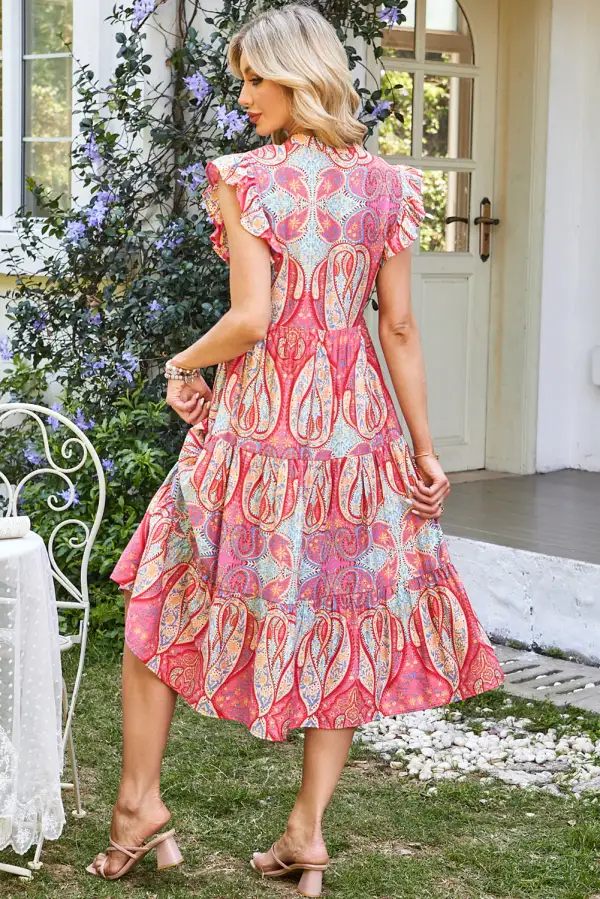 Tribal Paisley Print Ruffled Sleeve Notch Neck Midi Dress