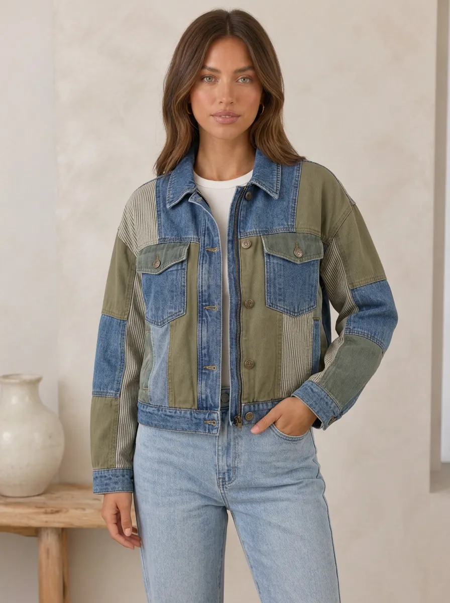 Women's Casual Vintage Patchwork Denim Olive Striped Jacket