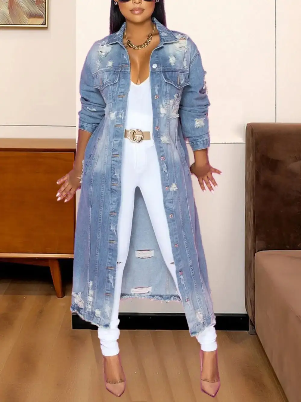 Denim Raw Hem Collared Casual Jacket