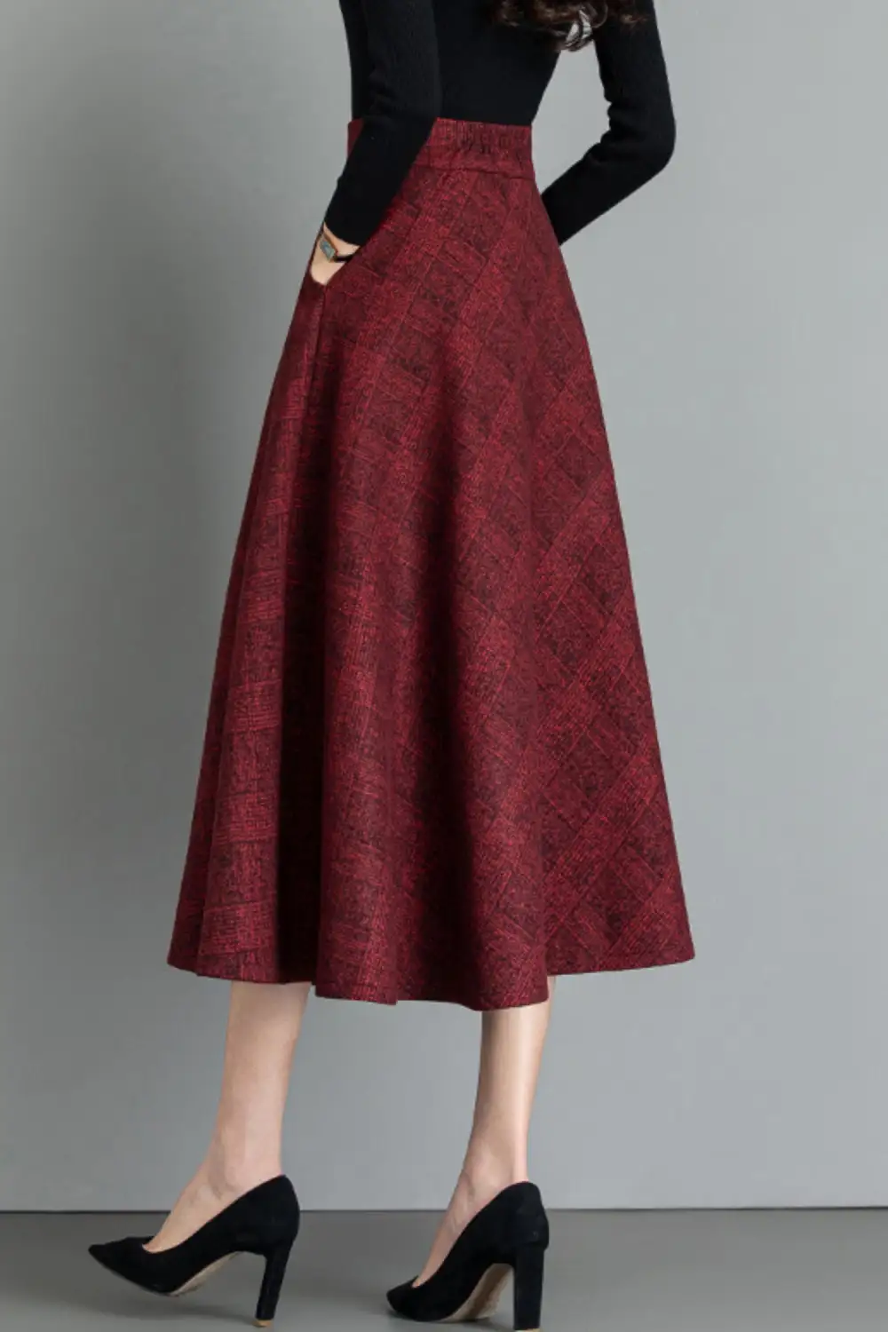 Checkered Wool Blend High Waist Midi Skirt