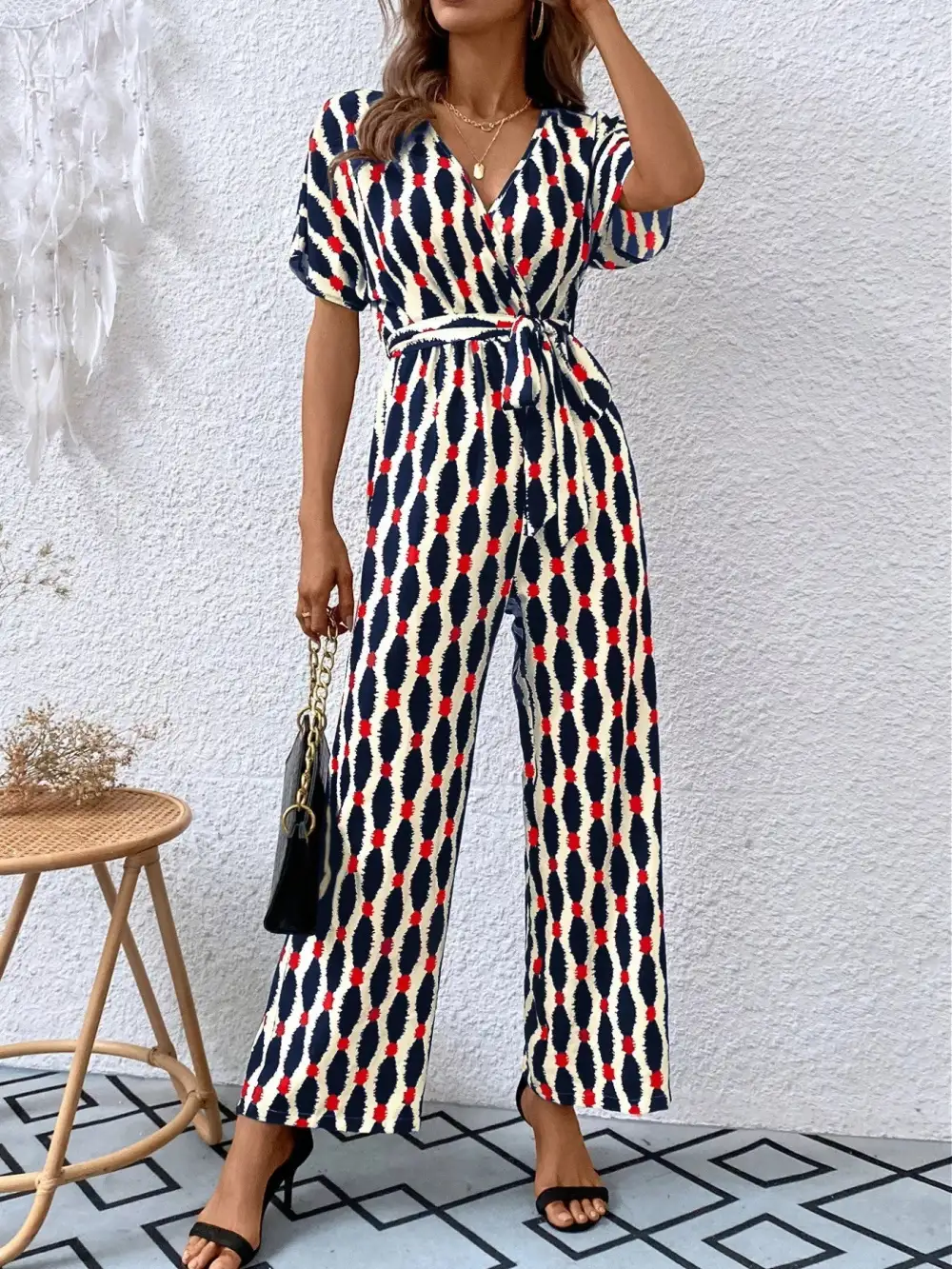 Printed Surplice Tie Waist Short Sleeve Shorts
